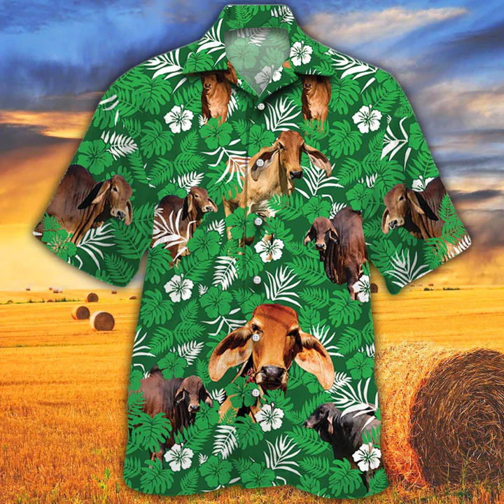 Cow Men’s Trendy Hawaiian Shirt Vintage Farm Trendy Hawaiian Shirts, Red Brahman Cattle Lovers Green Floral Pattern Trendy Hawaiian Shirt