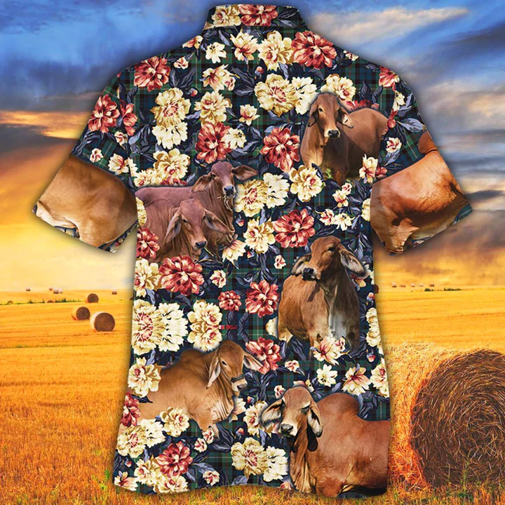 Cow Trendy Hawaiian Shirt, Farm Trendy Hawaiian Shirt, Summer Trendy Hawaiian Shirt, Red Brahman Green Plaid Pattern Trendy Hawaiian Shirt