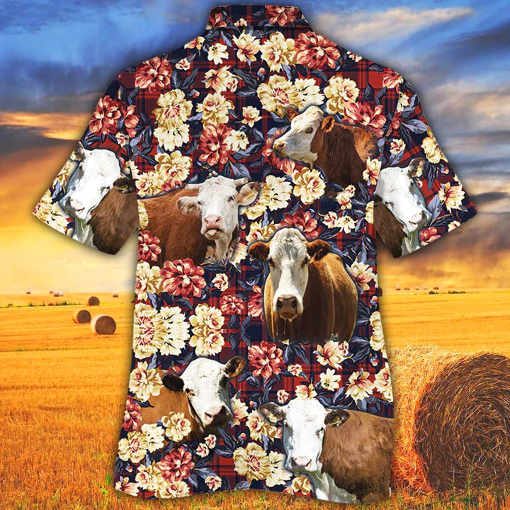 Cow Trendy Hawaiian Shirt For Men, Hereford Red Plaid Pattern Trendy Hawaiian Shirt, Summer Trendy Hawaiian Shirt, Animal Shirt