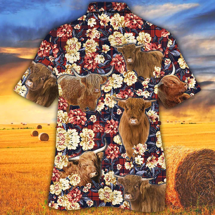 Cow Trendy Hawaiian Shirt For Men, Highland Cattle Red Plaid Pattern Trendy Hawaiian Shirt, Summer Trendy Hawaiian Shirt, Animal Shirt