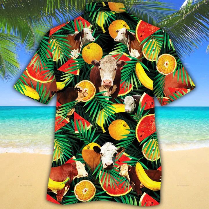Cow Trendy Hawaiian Shirt For Men, Women – Hereford Cattle Lovers Tropical Fruits Trendy Hawaiian Shirt