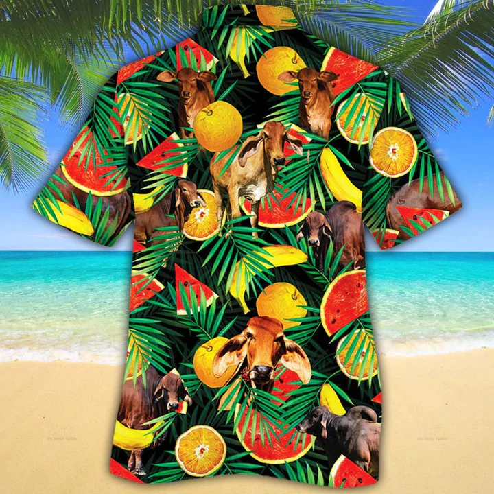 Cow Trendy Hawaiian Shirt – Red Brahman Cattle Lovers Tropical Fruits Trendy Hawaiian Shirt – Aloha Shirt For Cow Lovers