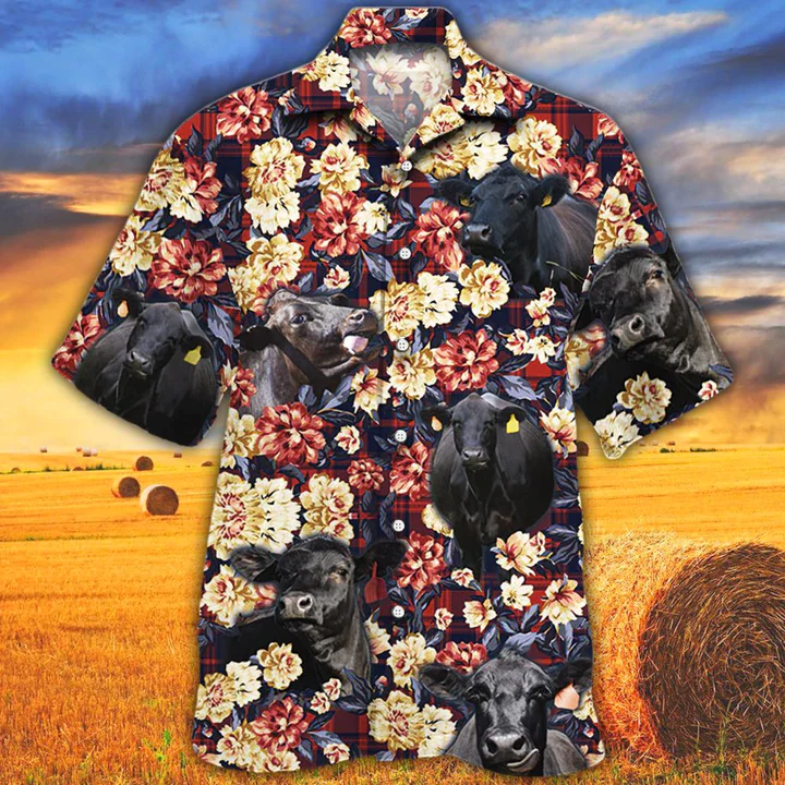 Cow Trendy Hawaiian Shirt, Summer Trendy Hawaiian Shirt, Animal Shirt, Black Angus Red Plaid Pattern Trendy Hawaiian Shirt Cow Trendy Hawaiian Shirt, Summer Trendy Hawaiian Shirt, Animal Shirt, Black Angus Red Plaid Pattern Trendy Hawaiian Shirt