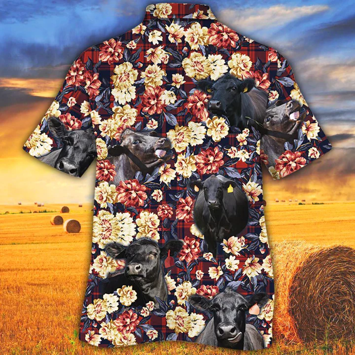 Cow Trendy Hawaiian Shirt, Summer Trendy Hawaiian Shirt, Animal Shirt, Black Angus Red Plaid Pattern Trendy Hawaiian Shirt