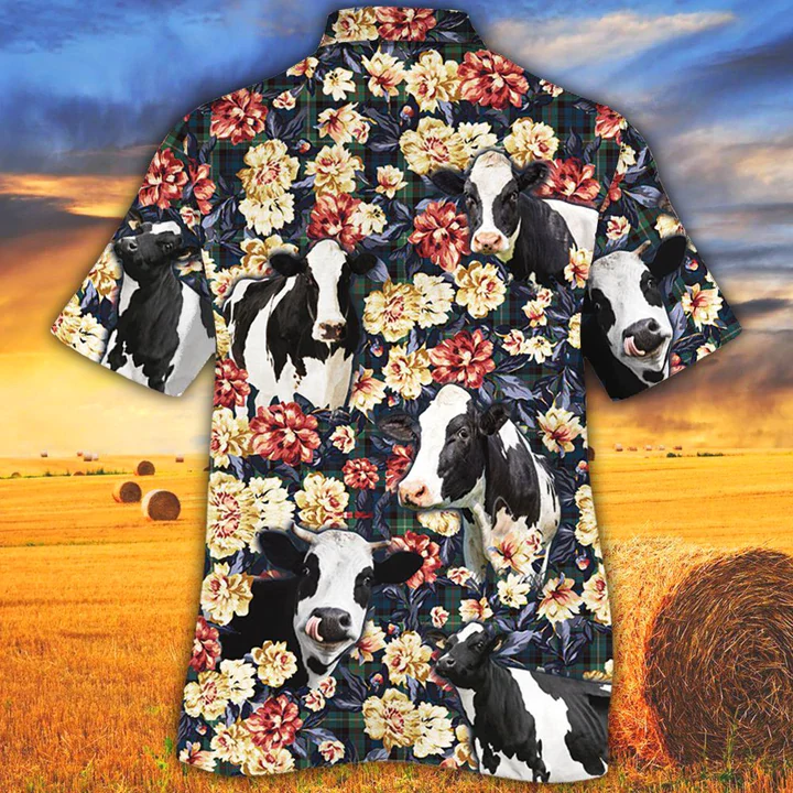 Cow Trendy Hawaiian Shirt, Summer Trendy Hawaiian Shirt, Animal Shirt, Holstein Friesian Cattle Green Plaid Pattern Trendy Hawaiian Shirt