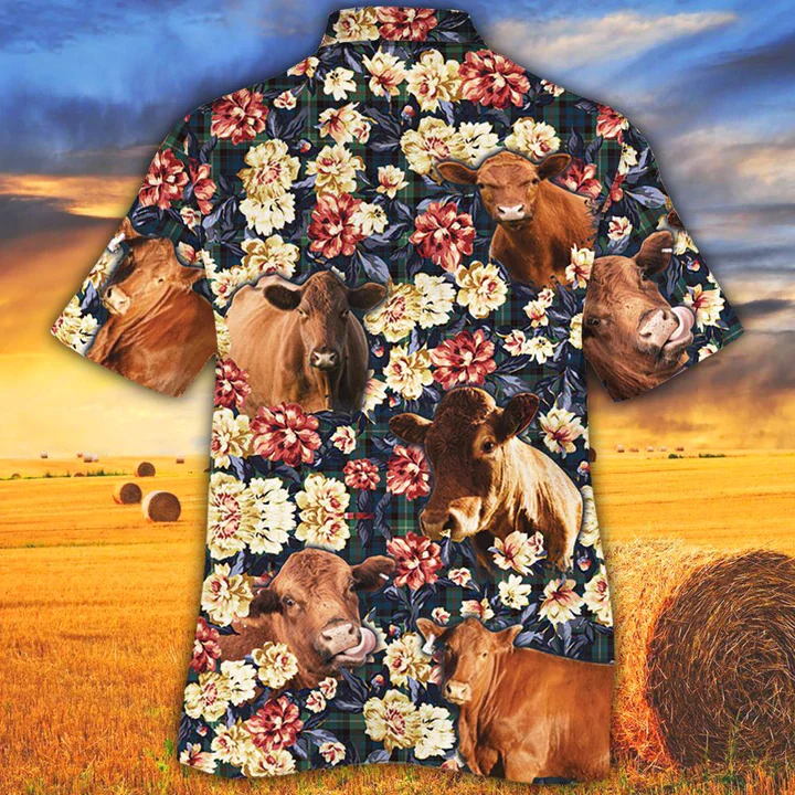 Cow Trendy Hawaiian Shirt, Summer Trendy Hawaiian Shirt, Animal Shirt, Red Angus Cattle Green Plaid Pattern Trendy Hawaiian Shirt