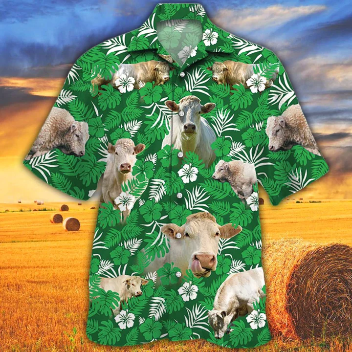 Cow Trendy Hawaiian Shirts For Men Women – Charolais Cattle Lovers Green Floral Pattern Trendy Hawaiian Shirt