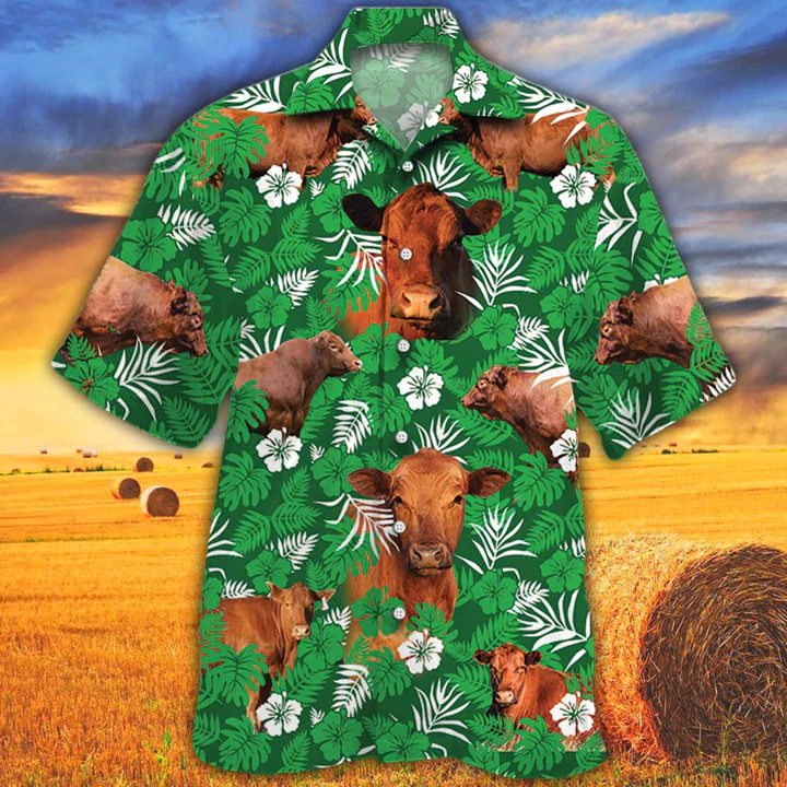 Cow Trendy Hawaiian Shirts For Men Women – Vintage Farm Trendy Hawaiian Shirts, Red Angus Cattle Lovers Green Floral Pattern Trendy Hawaiian Shirt