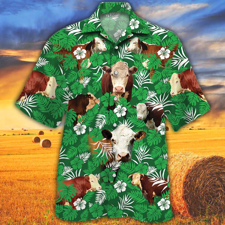 Cow Trendy Hawaiian Shirts Hereford Cattle Lovers Green Floral Pattern Trendy Hawaiian Shirt