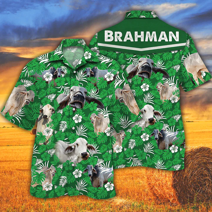 Cow Tropical Cow Men Trendy Hawaiian Shirts Brahman Cattle Lovers Green Floral Pattern Trendy Hawaiian Shirt