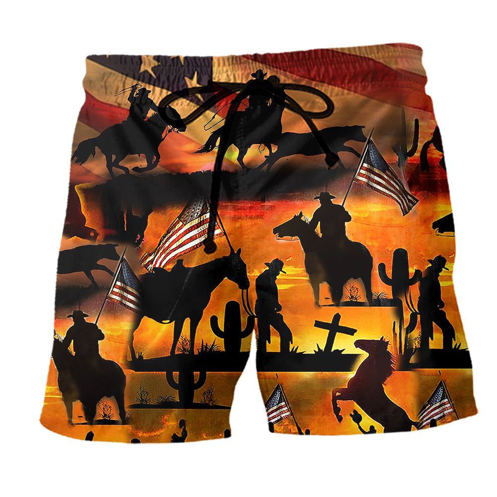 Cowboy America Cowboy Sunset Trendy Aloha Hawaiian Beach Shorts Cowboy America Cowboy Sunset Trendy Aloha Hawaiian Beach Shorts