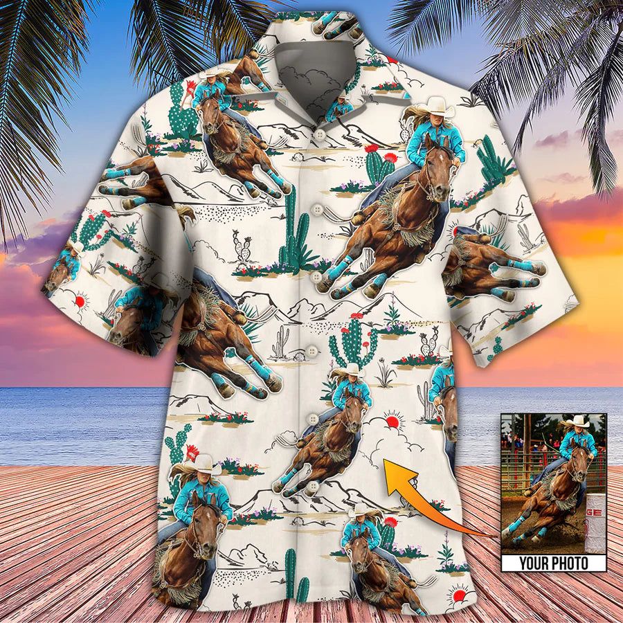 Cowboy Barrel Racing Tropical Desert Custom Photo Hawaiian Shirt