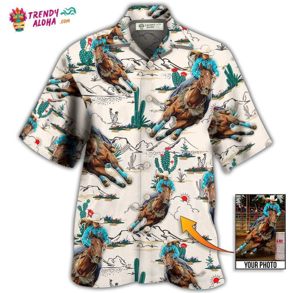 Cowboy Barrel Racing Tropical Desert Custom Photo Hawaiian Shirt – Trendy Aloha Cowboy Barrel Racing Tropical Desert Custom Photo Hawaiian Shirt – Trendy Aloha
