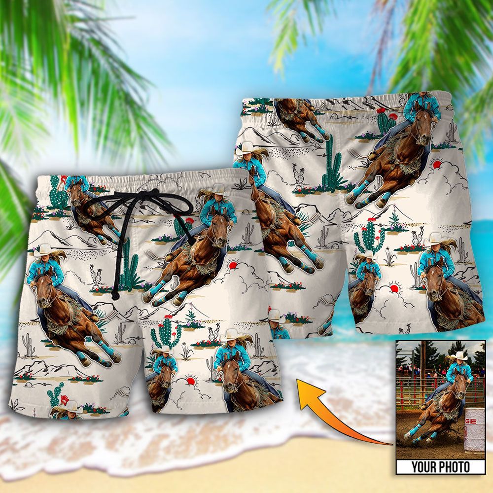 Cowboy Barrel Racing Tropical Desert Custom Photo Trendy Aloha Hawaiian Beach Shorts