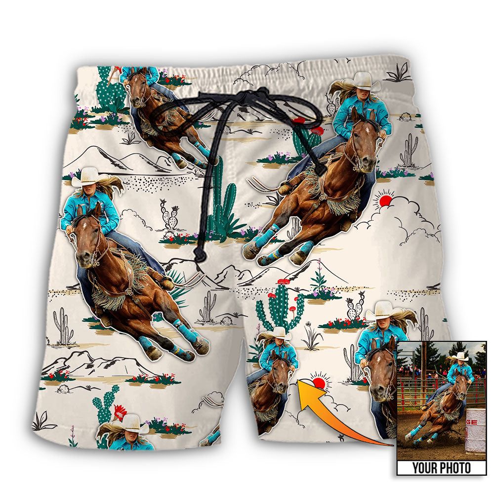Cowboy Barrel Racing Tropical Desert Custom Photo Trendy Aloha Hawaiian Beach Shorts Cowboy Barrel Racing Tropical Desert Custom Photo Trendy Aloha Hawaiian Beach Shorts