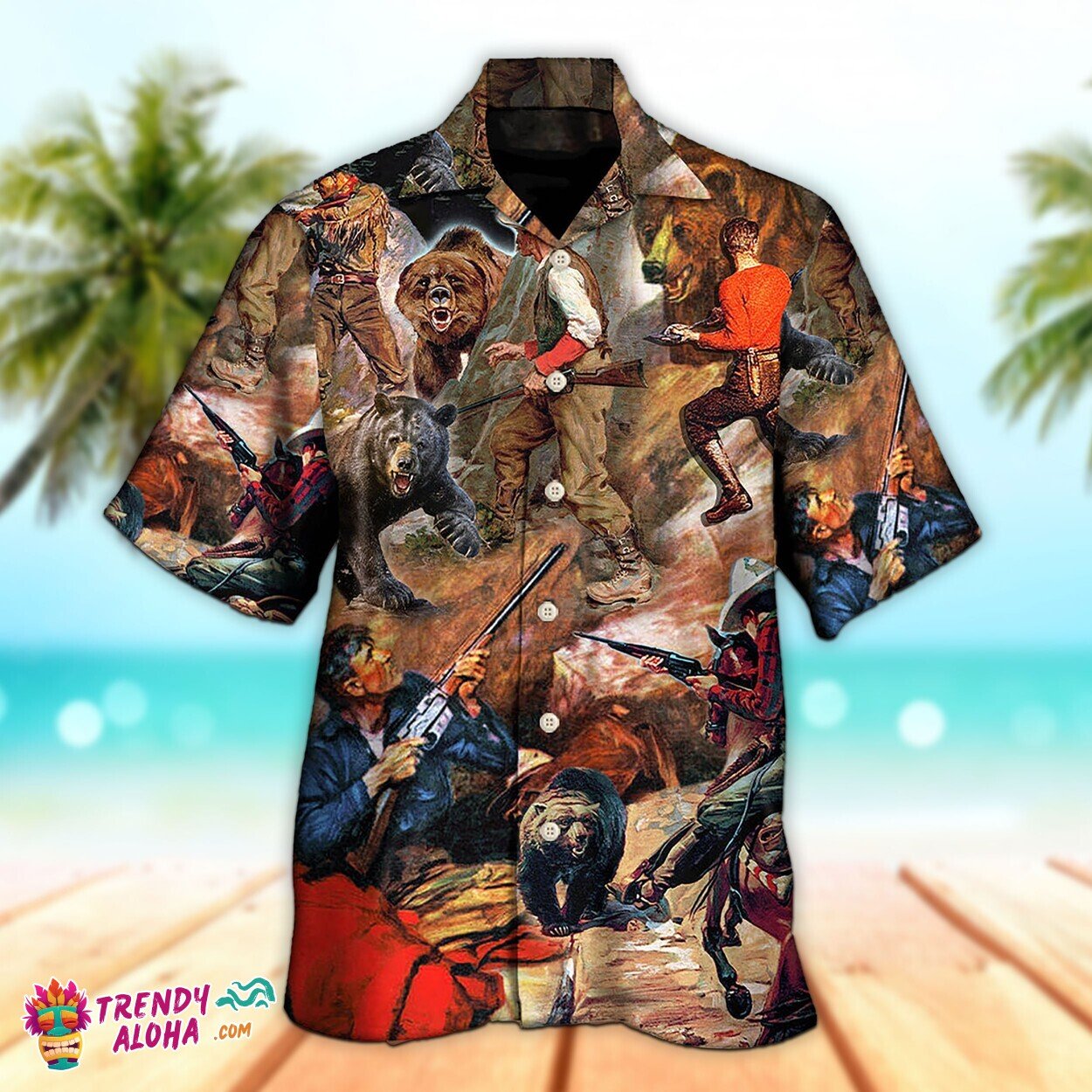 Cowboy Bear Hunt 3D Art Unisex Hawaiian Shirt Aloha Short Sleeve Cool