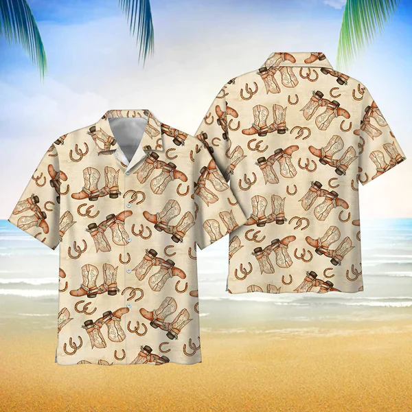 Cowboy Boots And Horseshoes Vintage Background Hawaii Shirt Button Down Short Sleeves Trendy Hawaiian Shirt