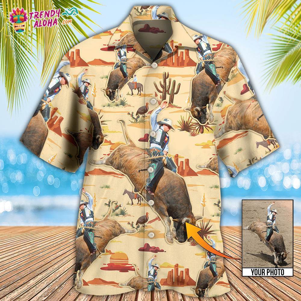 Cowboy Bull Riding Tropical Custom Photo Hawaiian Shirt – Trendy Aloha