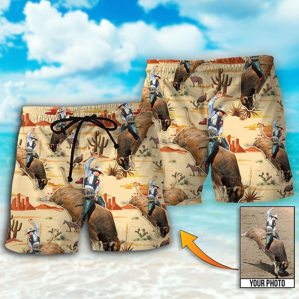 Cowboy Bull Riding Tropical Custom Photo Trendy Aloha Hawaiian Beach Shorts