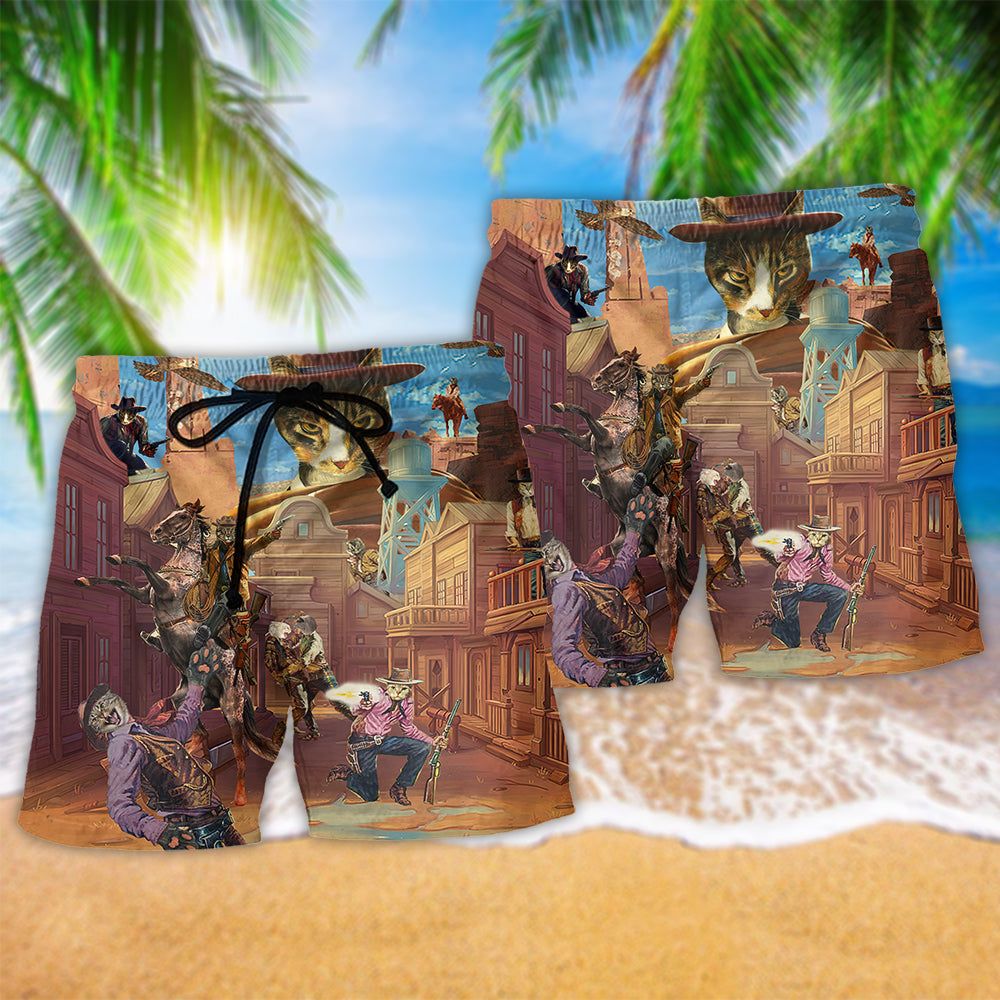 Cowboy Cats Love Life Style Trendy Aloha Hawaiian Beach Shorts