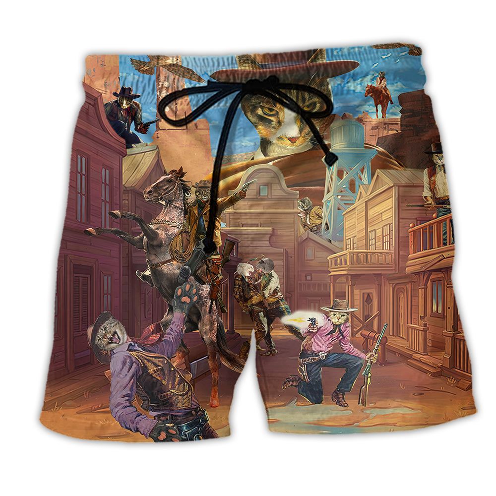 Cowboy Cats Love Life Style Trendy Aloha Hawaiian Beach Shorts
