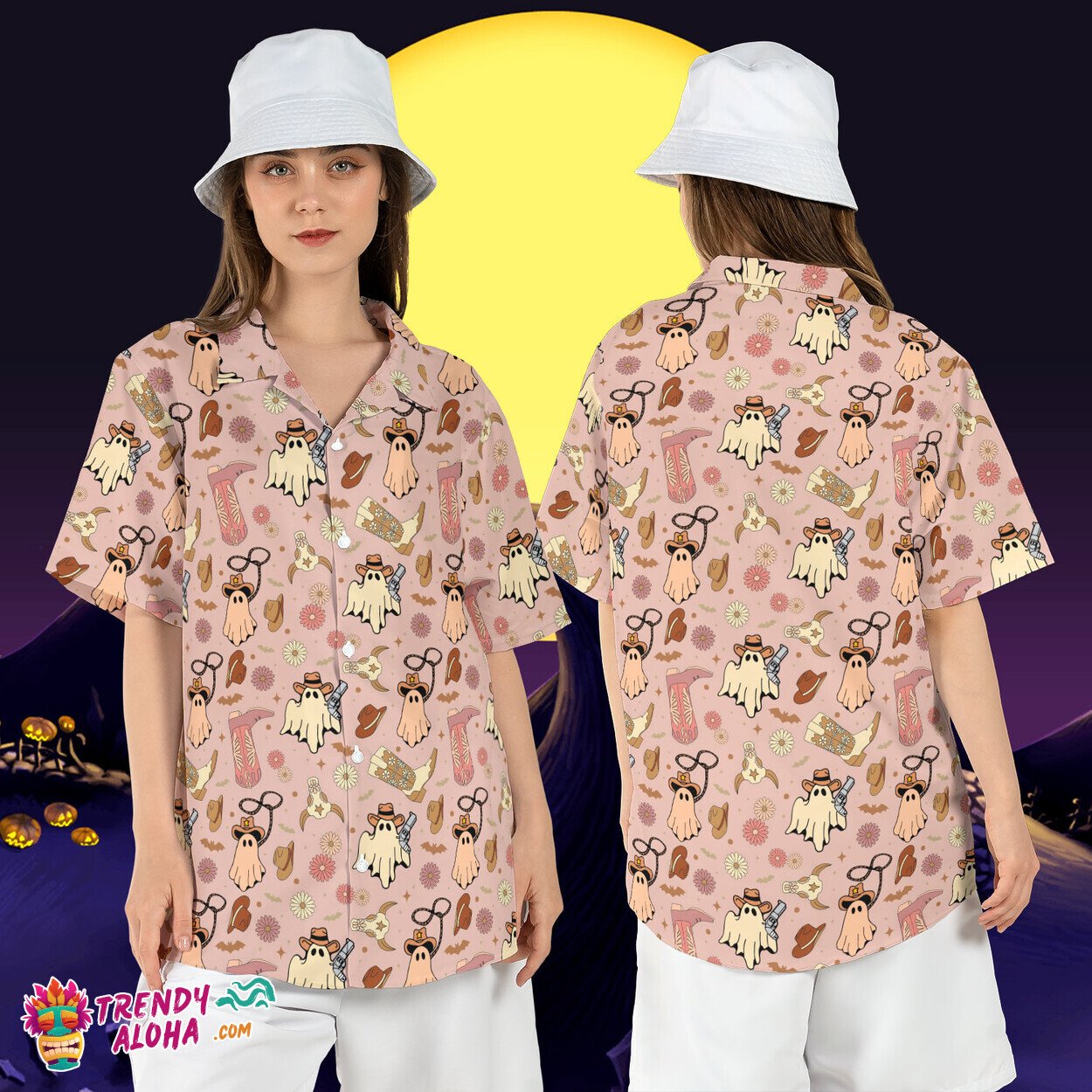 Cowboy Ghosts Western Halloween Country Boo Hawaiian Aloha Top