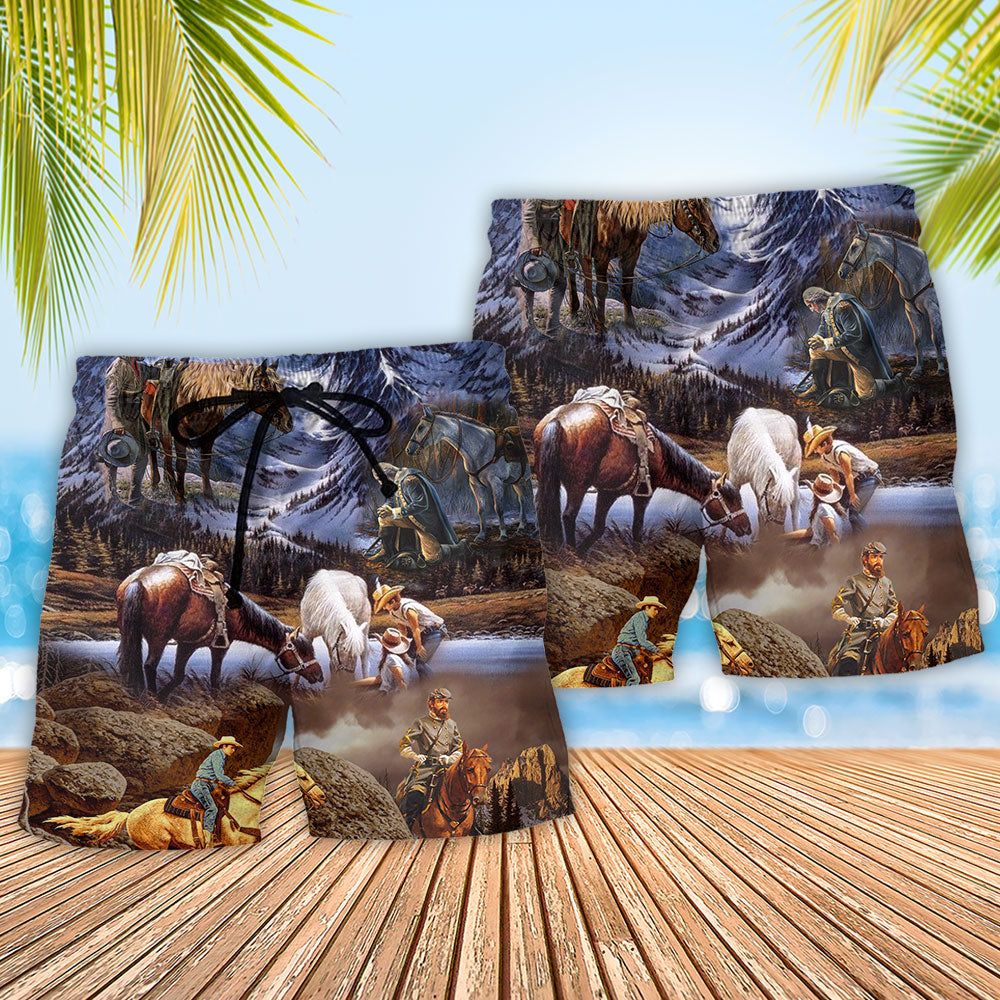 Cowboy Mountain At Sunset Trendy Aloha Hawaiian Beach Shorts