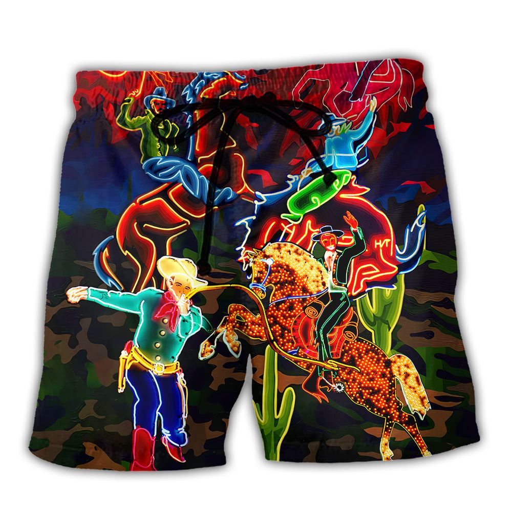 Cowboy Neon Riding Horse Desert Trendy Aloha Hawaiian Beach Shorts