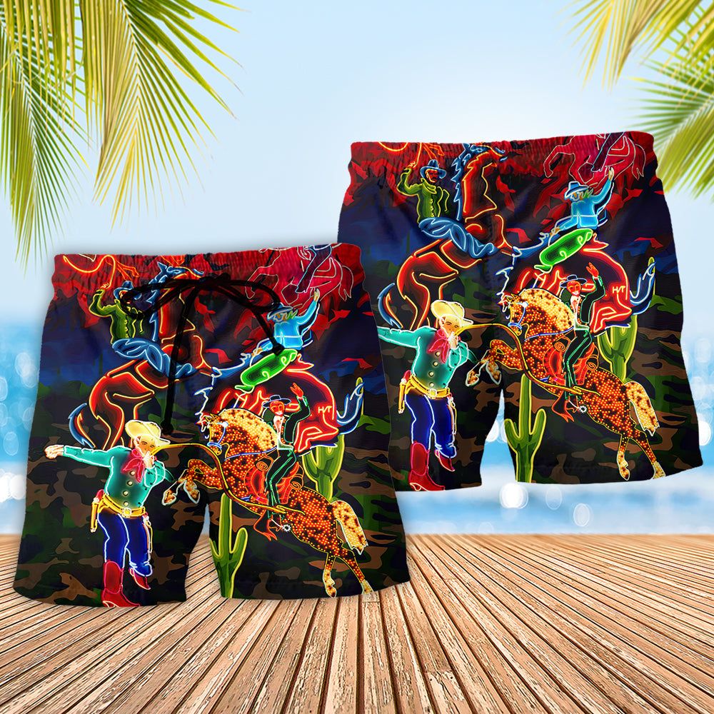 Cowboy Neon Riding Horse Desert Trendy Aloha Hawaiian Beach Shorts