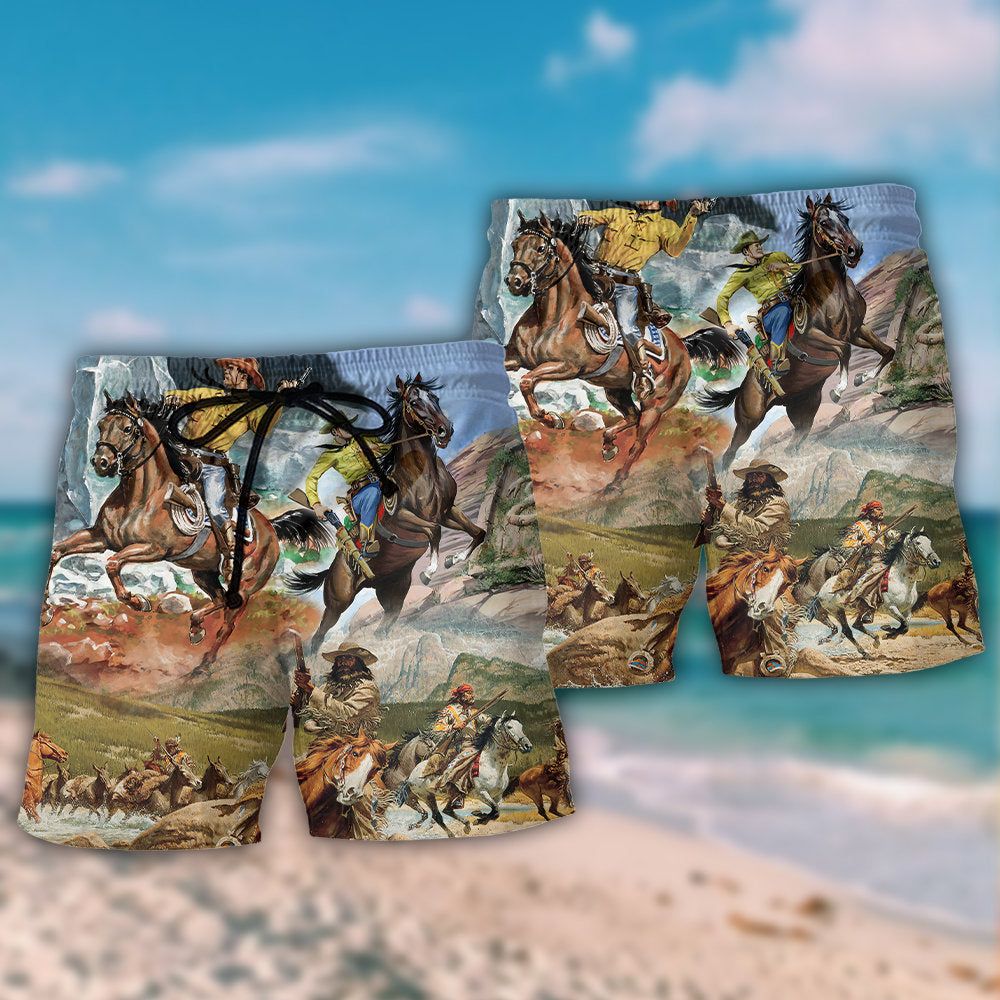 Cowboy Shootin Riding Horse Desert Trendy Aloha Hawaiian Beach Shorts