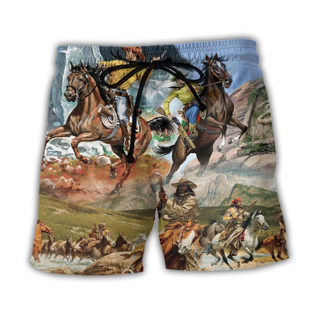 Cowboy Shootin Riding Horse Desert Trendy Aloha Hawaiian Beach Shorts