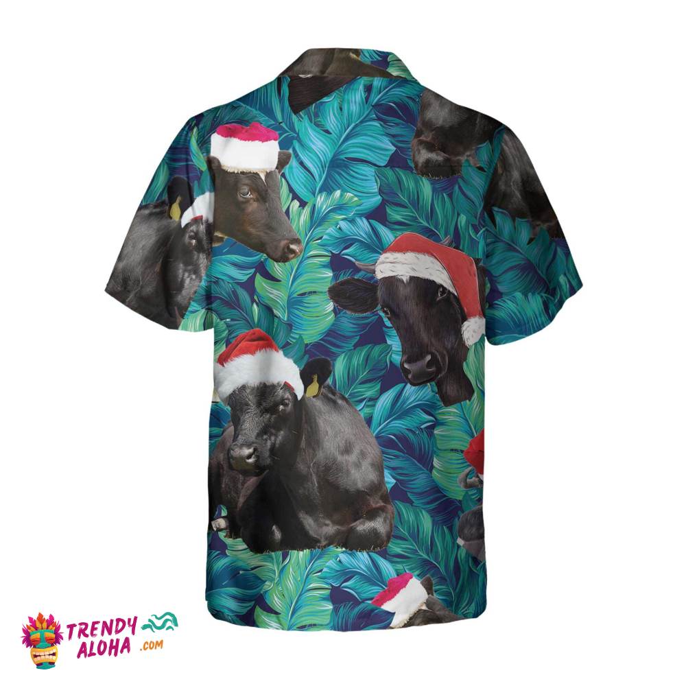 Cows Black Cattle Wear Santa Hat Hawaiian Shirt, Tropical Leaves Pattern Christmas Shirt, Best Gift For Christmas