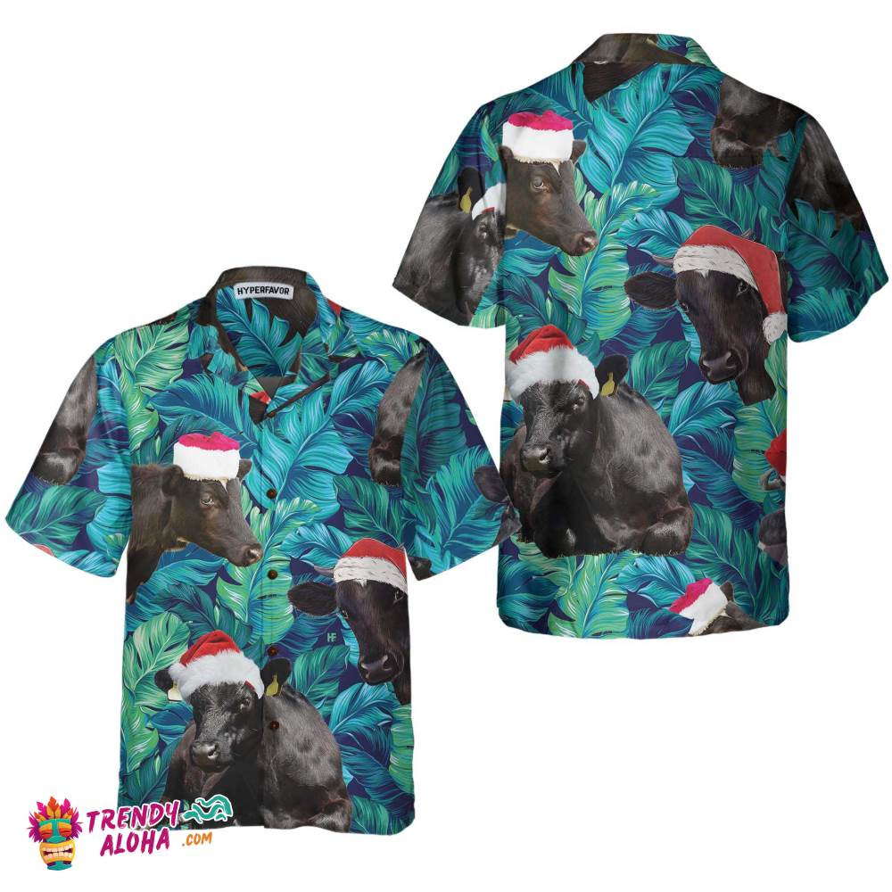Cows Black Cattle Wear Santa Hat Hawaiian Shirt, Tropical Leaves Pattern Christmas Shirt, Best Gift For Christmas
