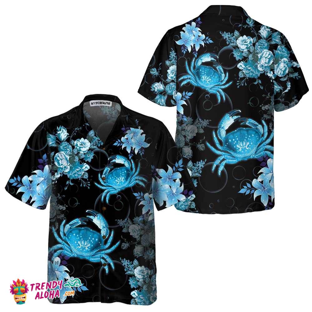 Crab In Blue Hawaiian Shirt, Floral Crab Hawaiian Shirt, Cool Crab Shirt For Men And Women