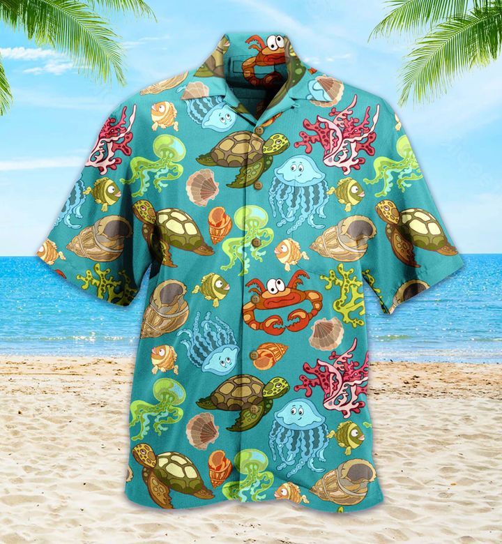 Crab Turtle Corals Jellyfish Contour Colorful Trendy Hawaiian Shirt 3D Summer Gifts
