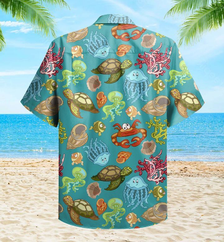 Crab Turtle Corals Jellyfish Contour Colorful Trendy Hawaiian Shirt 3D Summer Gifts