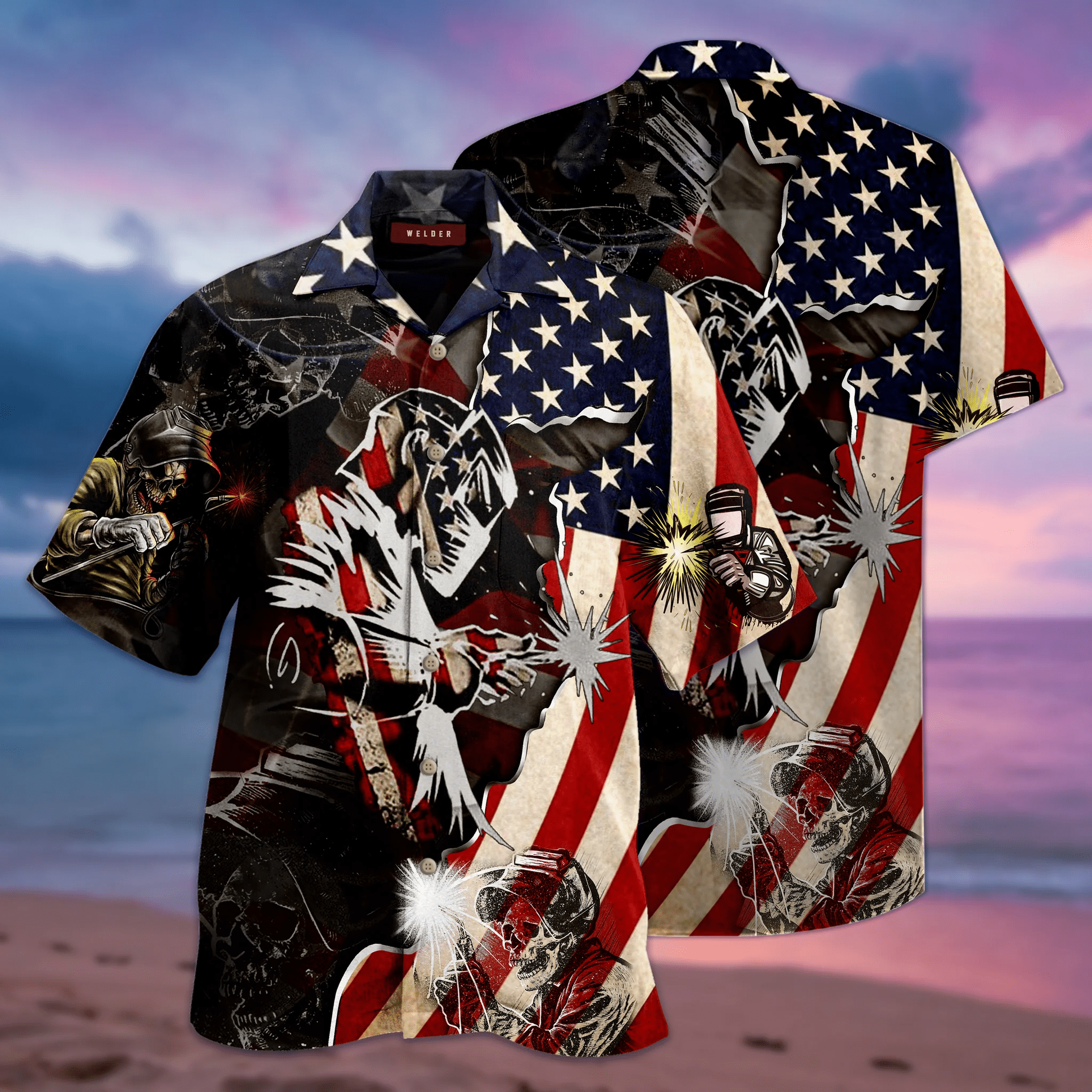 Crafted Patriotic Welder Art on This Unique Hawaiian Shirt