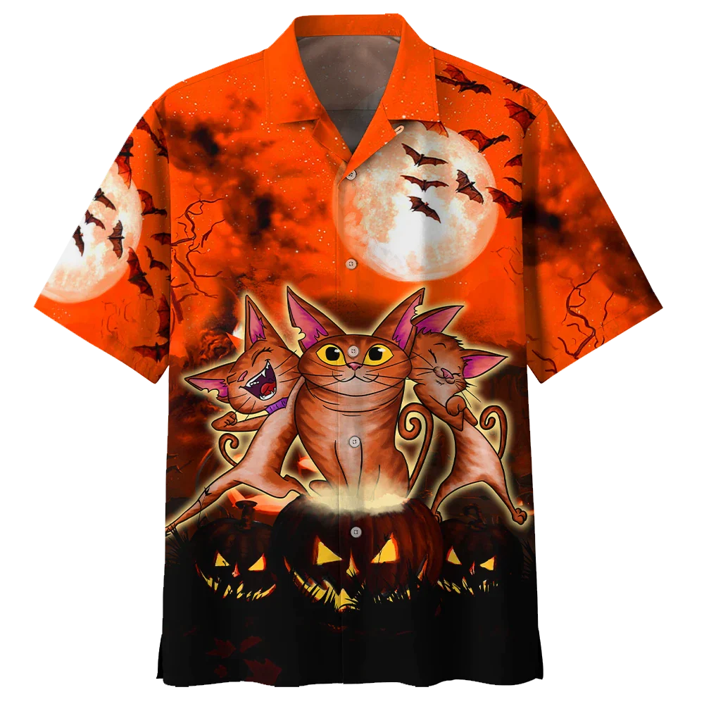 Crazy Cat Meets Pumpkin in Halloween Hawaiian Shirt