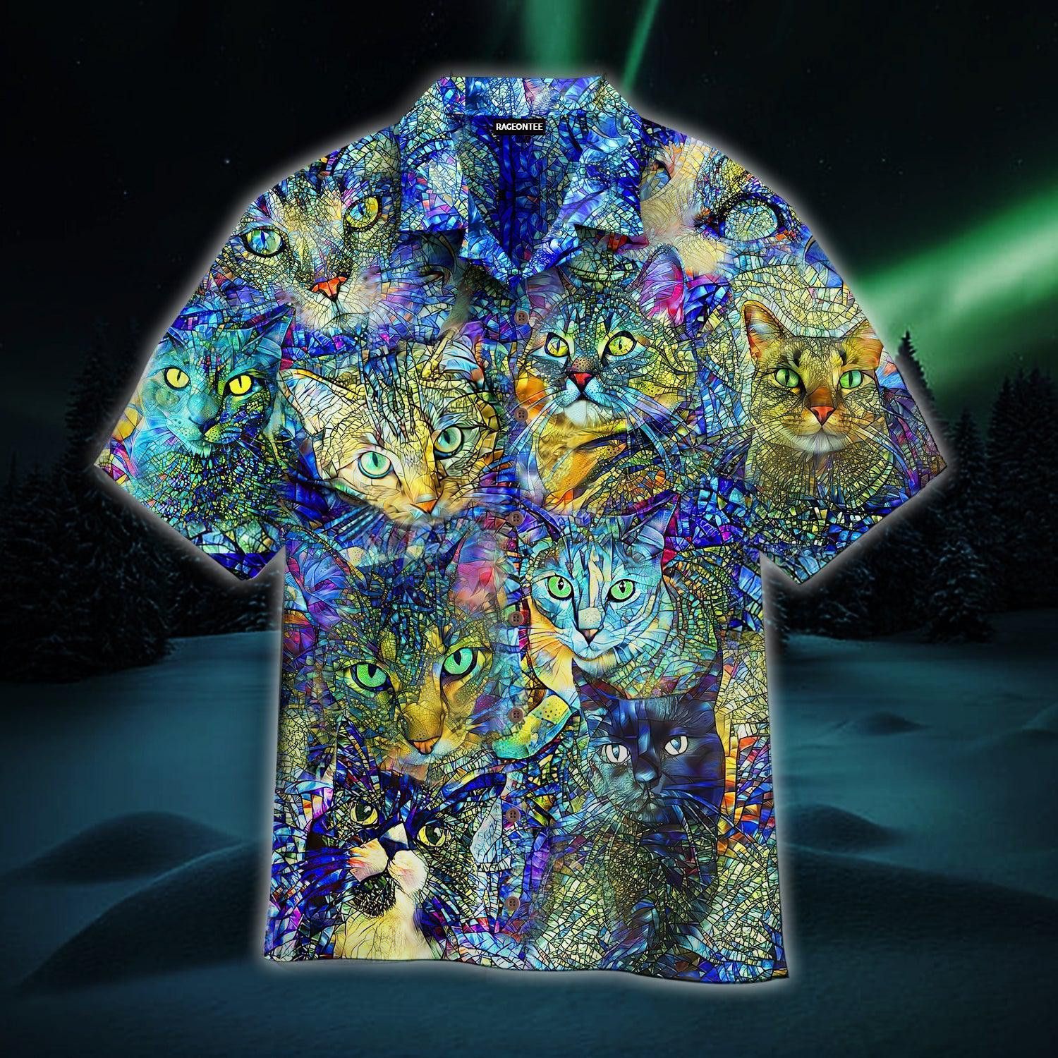 Crazy Colorful Cat Stained Glass Trendy Hawaiian Shirt