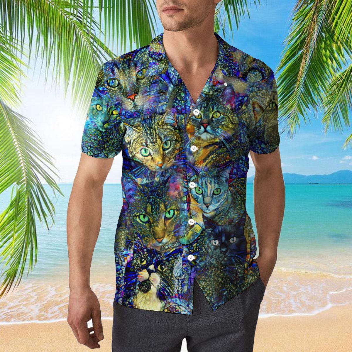 Crazy Colorful Cat Stained Glass Trendy Hawaiian Shirt