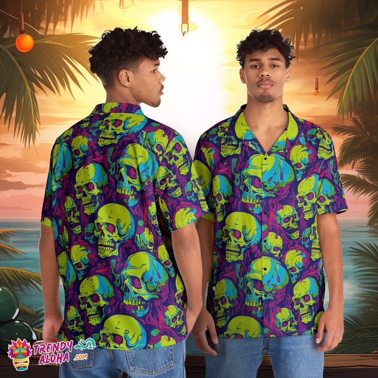 Creepy Zombie Brains Motif on Men’s Hawaiian Horror Themed Shirt