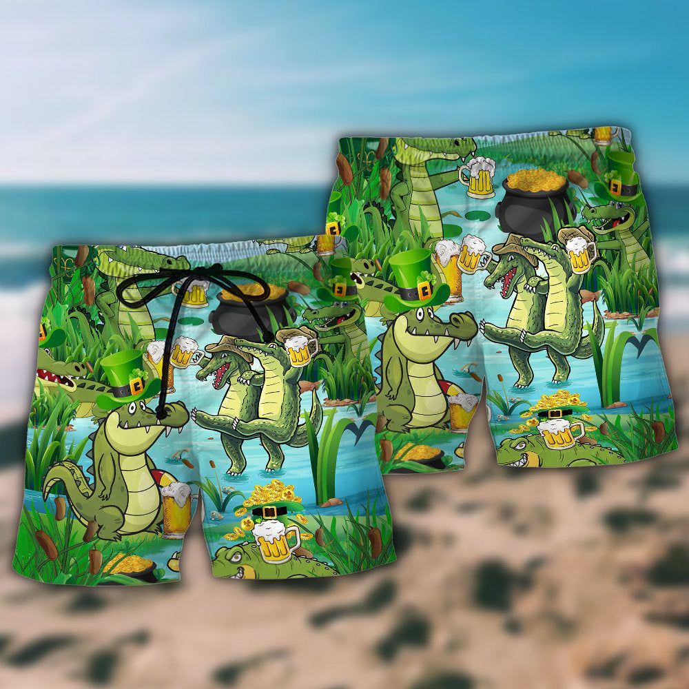 Crocodile Loves Beer Everyday Funny Trendy Aloha Hawaiian Beach Shorts