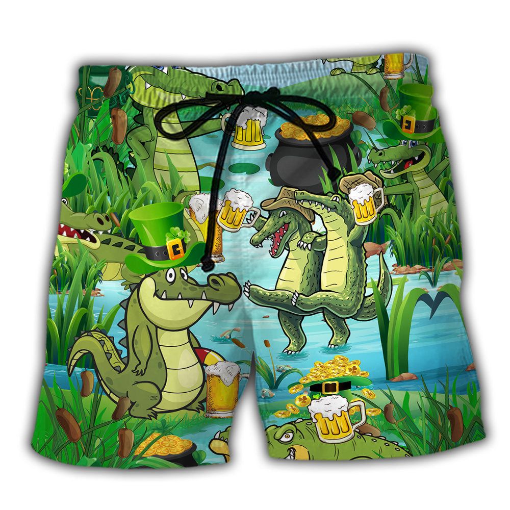 Crocodile Loves Beer Everyday Funny Trendy Aloha Hawaiian Beach Shorts