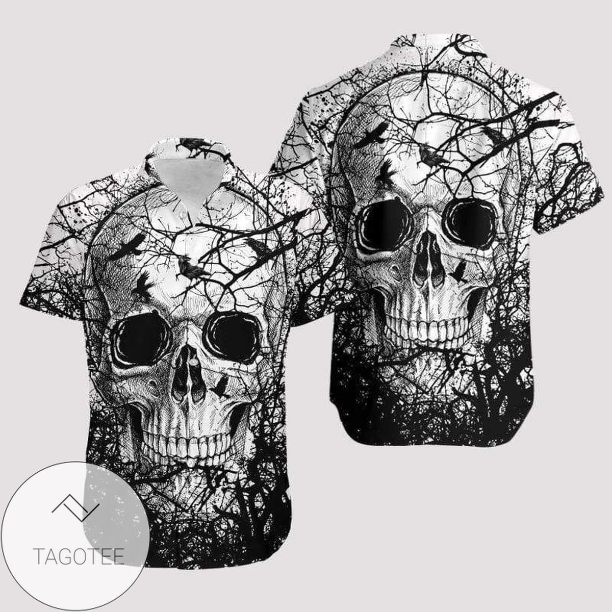 Crow Skull Fusion On Black White Hawaiian Shirt Design