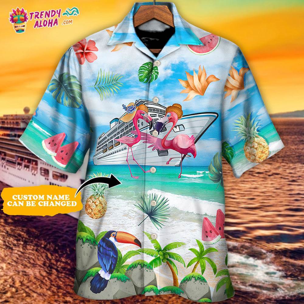 Cruising Partners Flamingo Husband And Wife Cruising Partners For Life Personalized – Hawaiian Shirt – Personalized Photo Gifts Hawaiian Shirt – Trendy Aloha