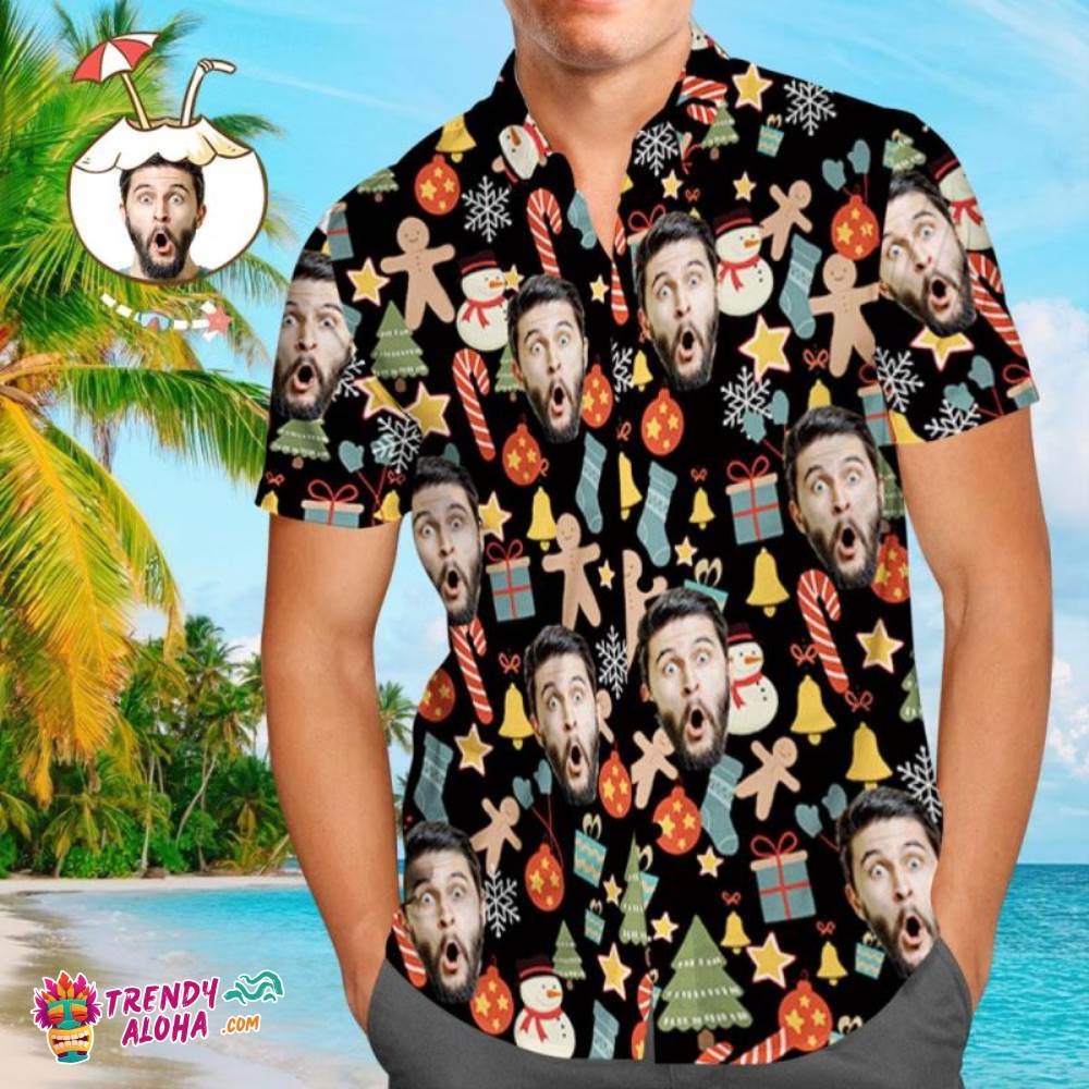 Custom Black Face Shirt Personalized Photo Men’s Trendy Aloha Hawaiian Shirt Christmas Surprise Gift – Merry Christmas