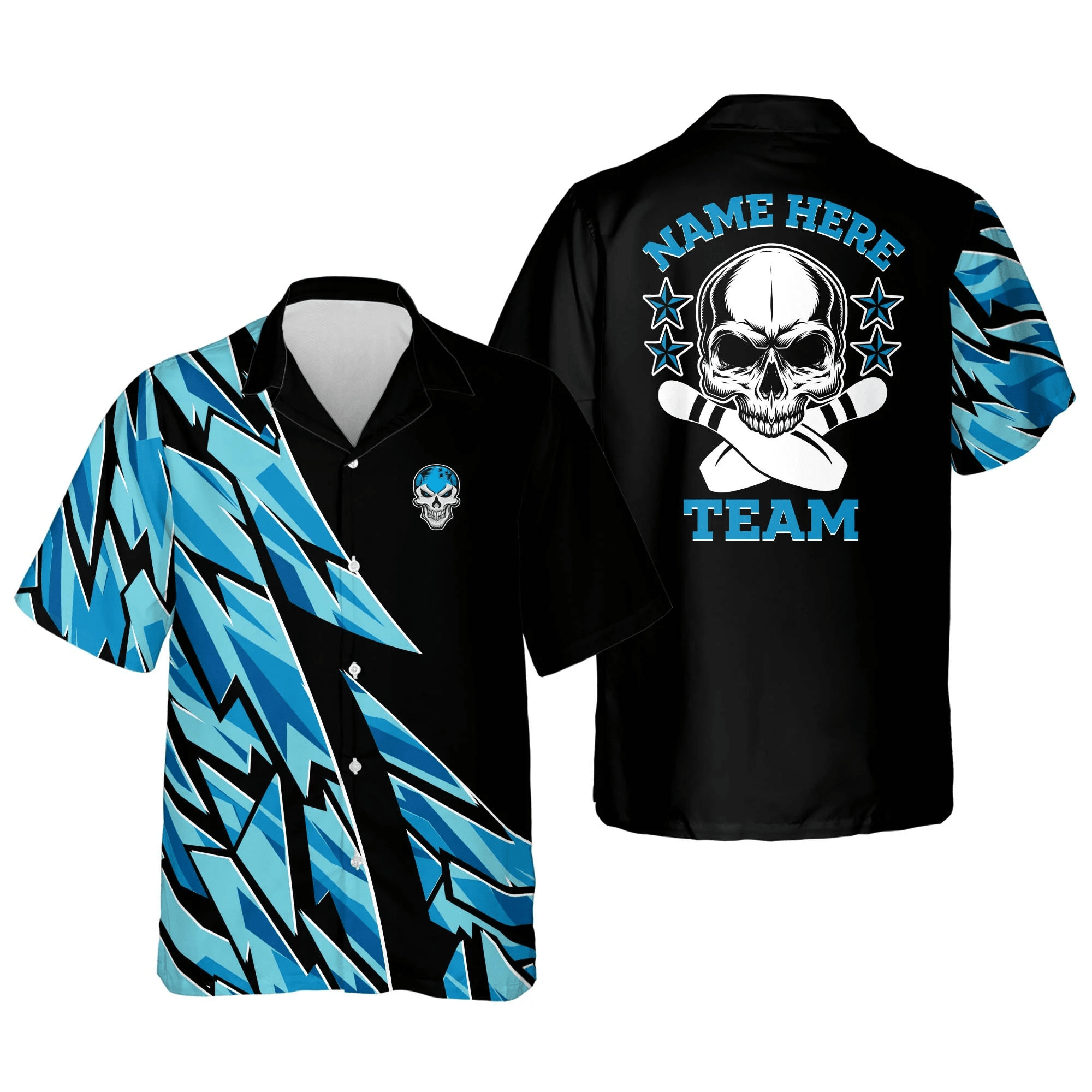 Custom Blue Skull Button-Down Casual Trendy Hawaiian Shirt, Bowling Trendy Hawaiian Shirt For Men, Bowling Team Shirt