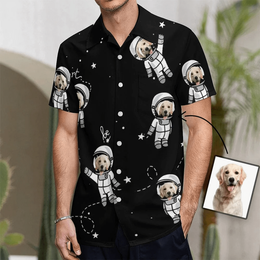 Custom Dog Face Astronaut Black Shirt Men Front Beach Short Sleeve Trendy Hawaiian Shirt Boyfriend Gift For Him Custom Dog Face Astronaut Black Shirt Men Front Beach Short Sleeve Trendy Hawaiian Shirt Boyfriend Gift For Him