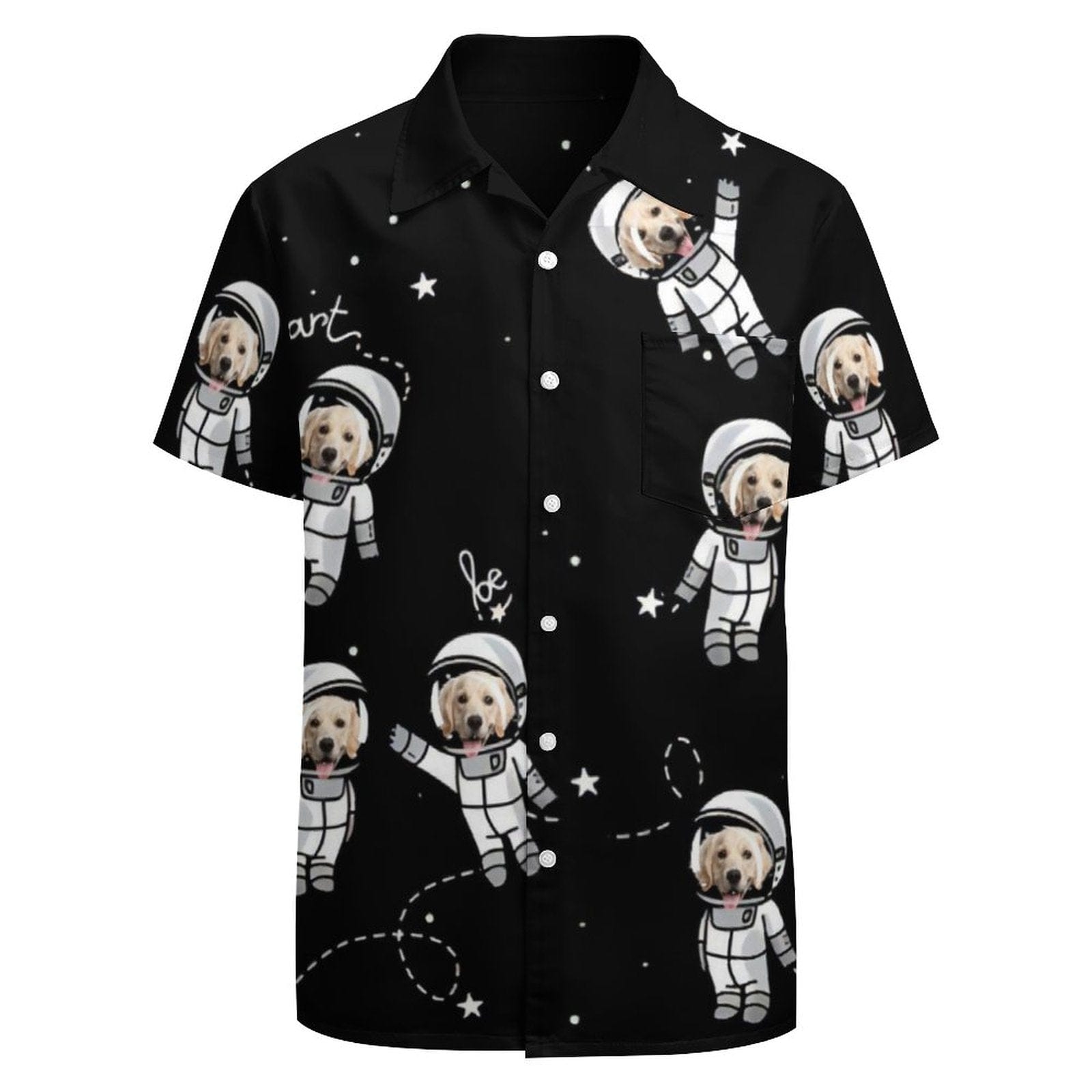 Custom Dog Face Astronaut Black Shirt Men Front Pocket Beach Shortsleeve Pocket Hawaiian Shirt