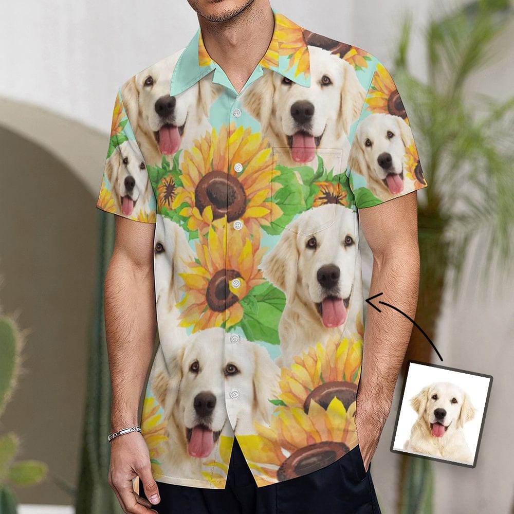 Custom Dog Face Sunflower Shirt Men Front Pocket Beach Shortsleeve Pocket Hawaiian Shirt